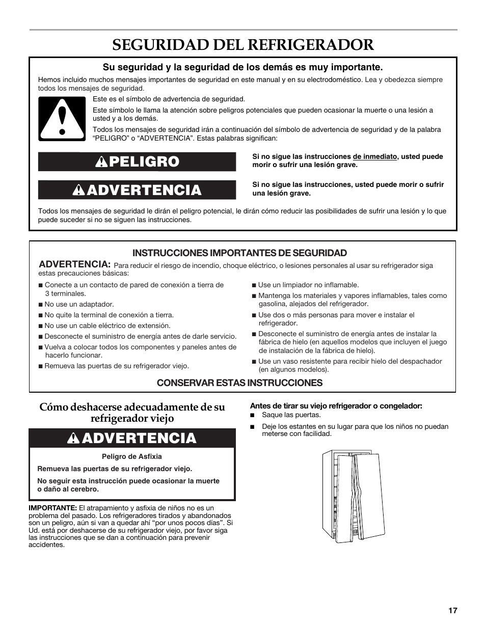 Seguridad del refrigerador, Advertencia peligro, Advertencia | KITCHENAID 2315184A User Manual | Page 17 / 48