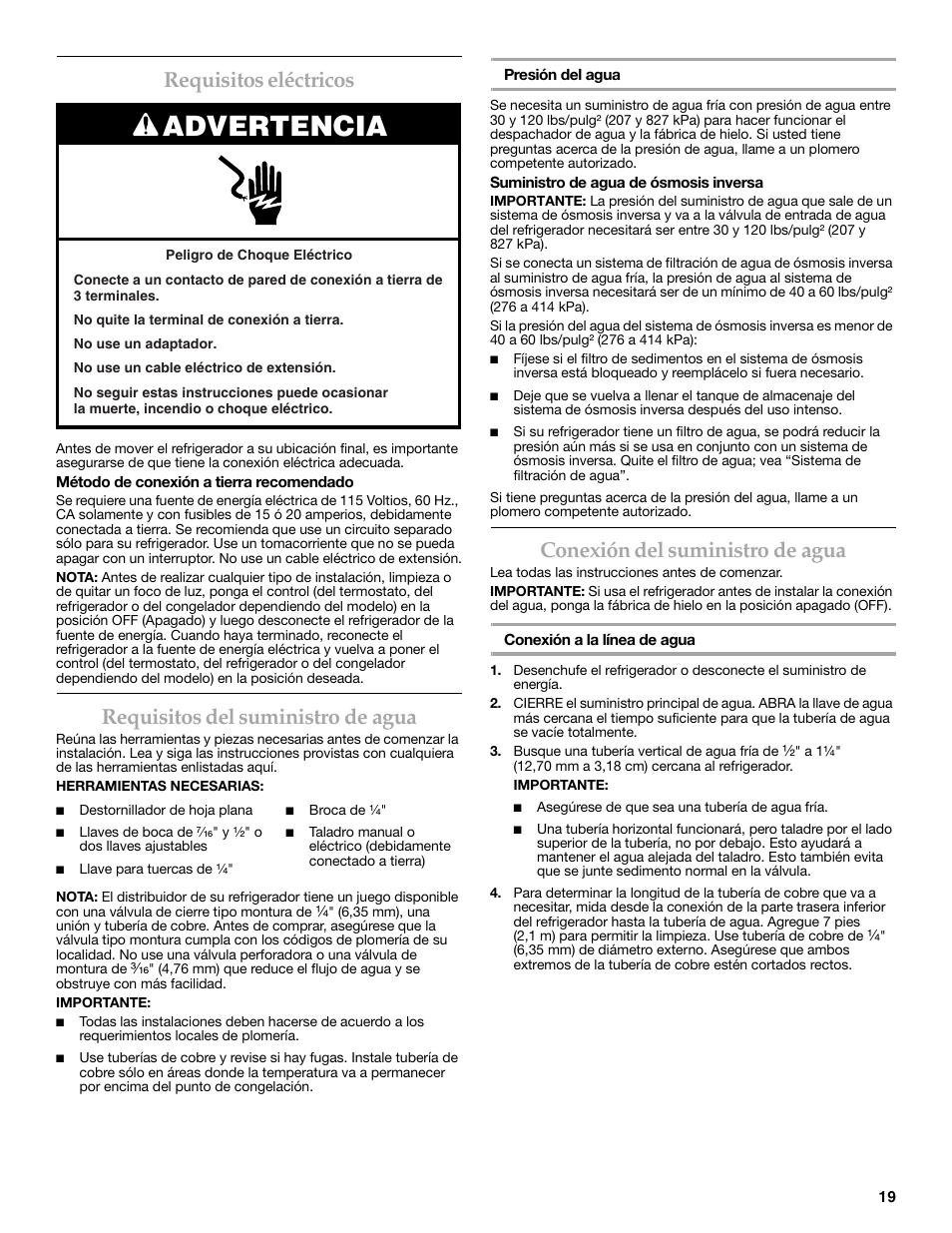 Advertencia, Requisitos eléctricos, Requisitos del suministro de agua | Conexión del suministro de agua | KITCHENAID 2315184A User Manual | Page 19 / 48