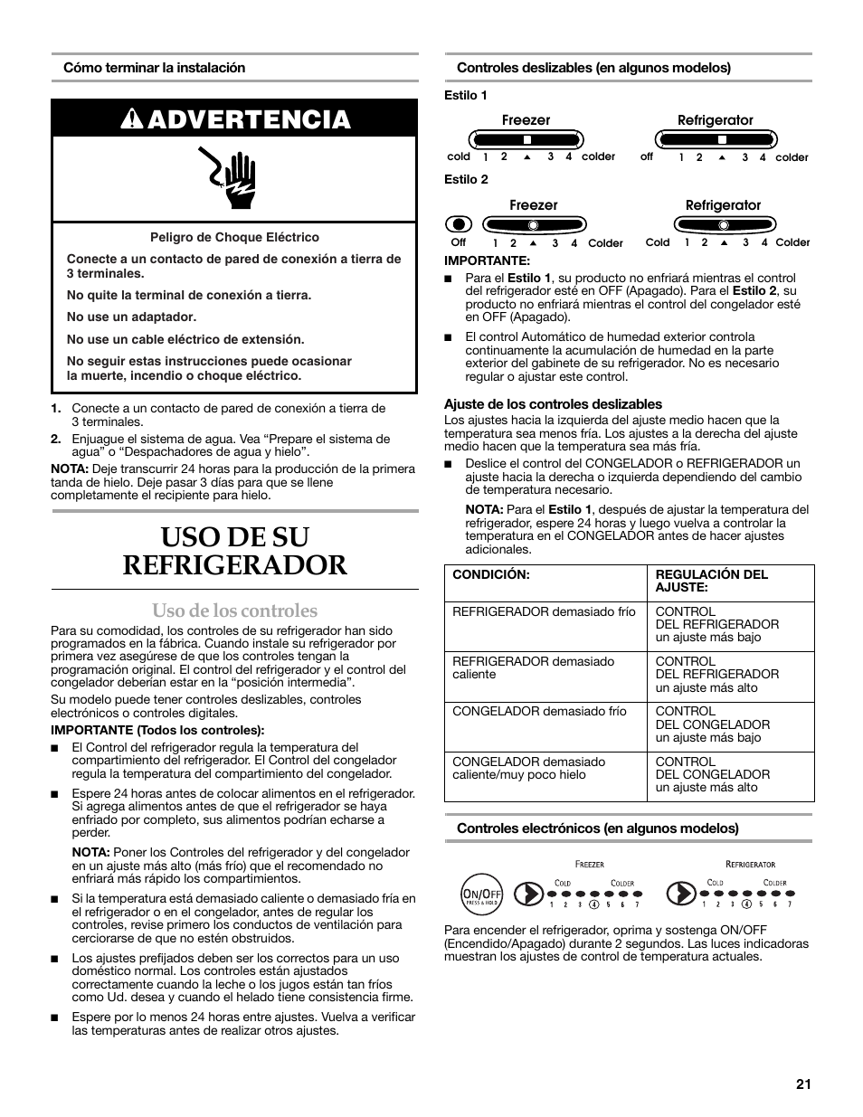 Uso de su refrigerador, Advertencia, Uso de los controles | KITCHENAID 2315184A User Manual | Page 21 / 48