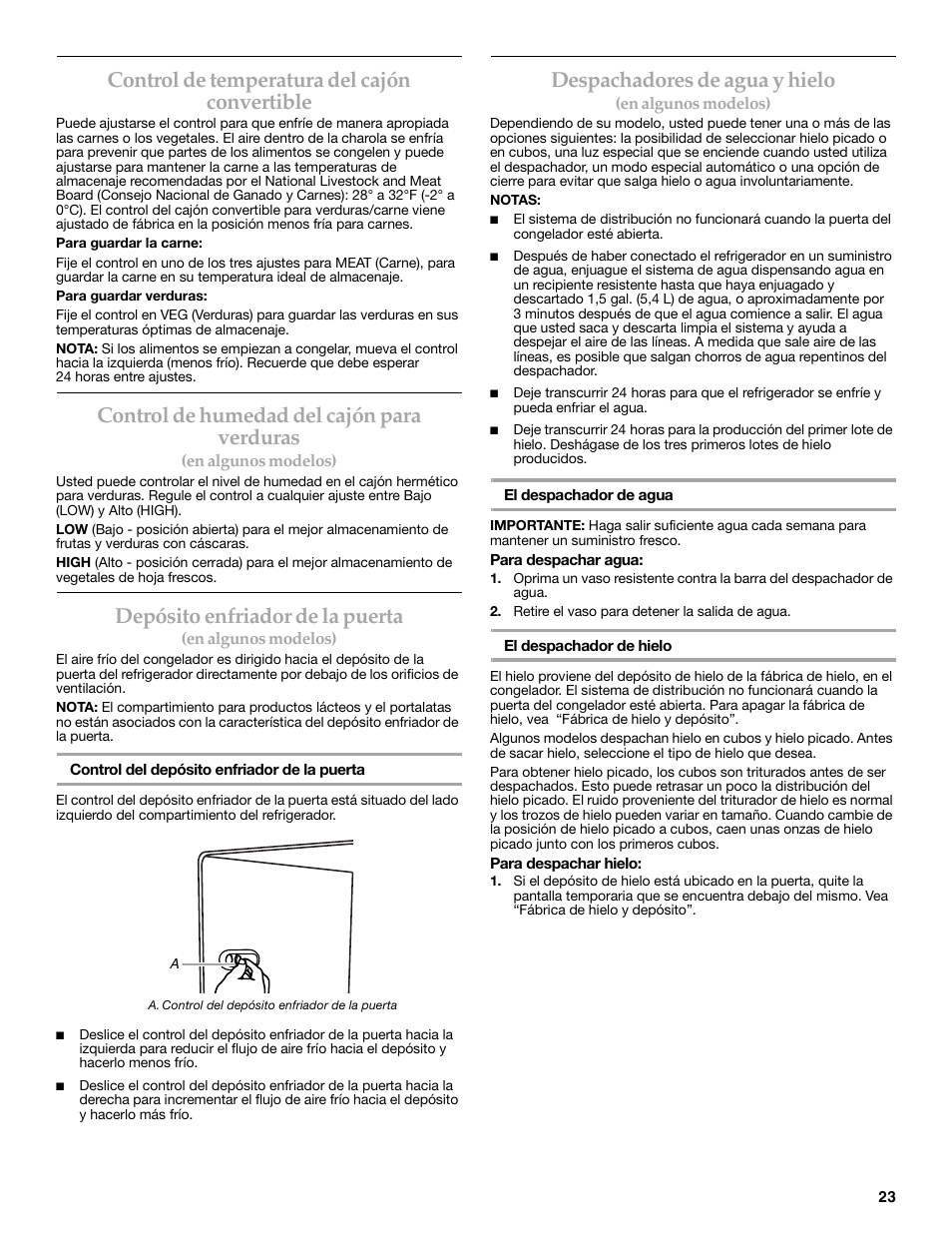 Control de temperatura del cajón convertible, Control de humedad del cajón para verduras, Depósito enfriador de la puerta | Despachadores de agua y hielo | KITCHENAID 2315184A User Manual | Page 23 / 48