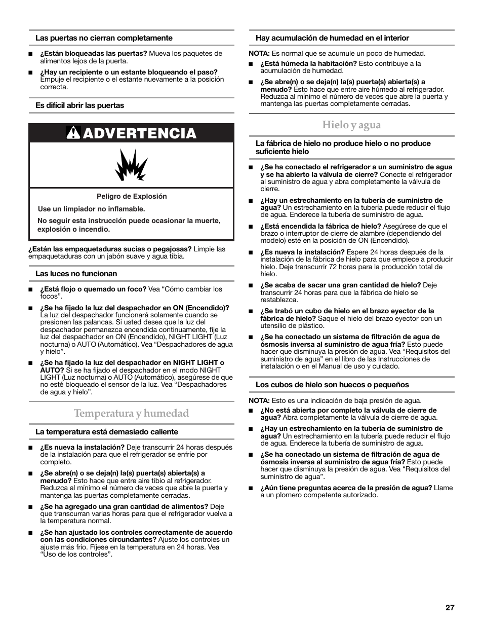 Advertencia, Temperatura y humedad, Hielo y agua | KITCHENAID 2315184A User Manual | Page 27 / 48