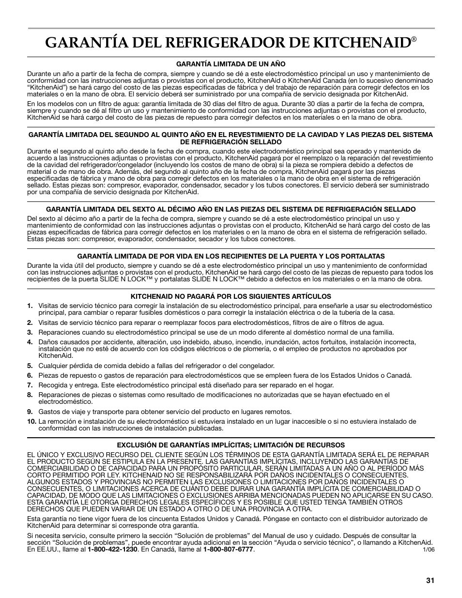 Garantía del refrigerador de kitchenaid | KITCHENAID 2315184A User Manual | Page 31 / 48