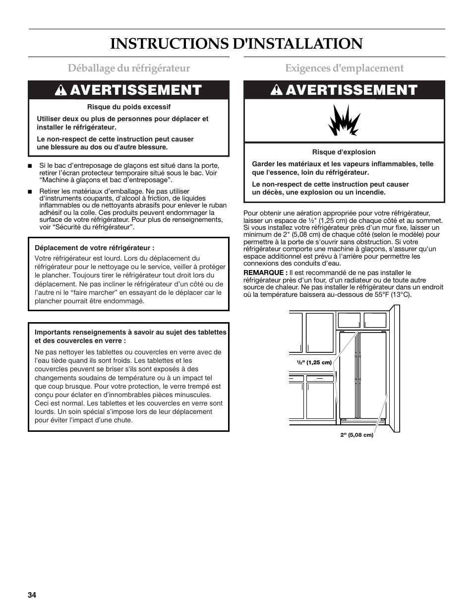 Instructions d'installation, Avertissement, Déballage du réfrigérateur | Exigences d'emplacement | KITCHENAID 2315184A User Manual | Page 34 / 48