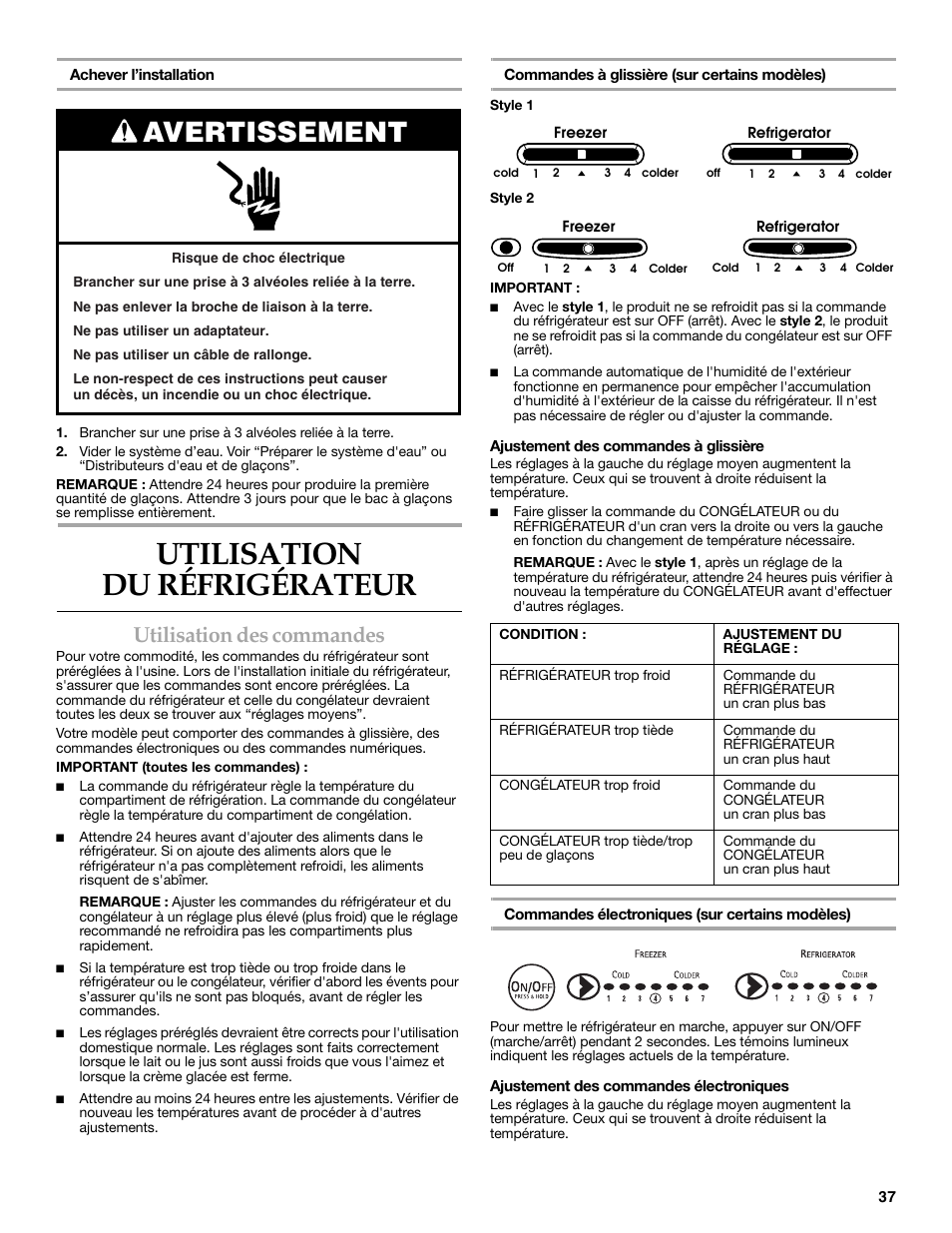 Utilisation du réfrigérateur, Avertissement, Utilisation des commandes | KITCHENAID 2315184A User Manual | Page 37 / 48