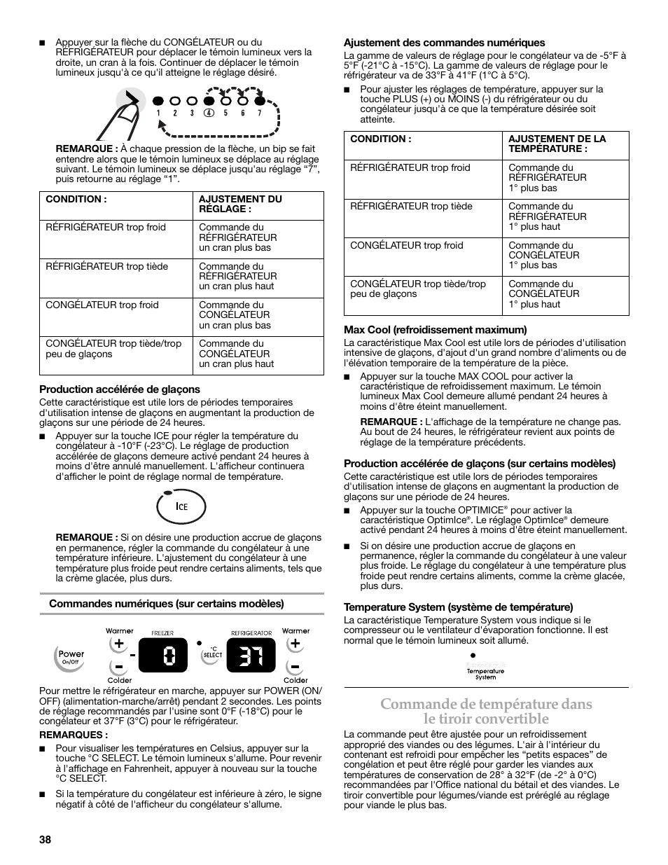 Commande de température dans le tiroir convertible | KITCHENAID 2315184A User Manual | Page 38 / 48