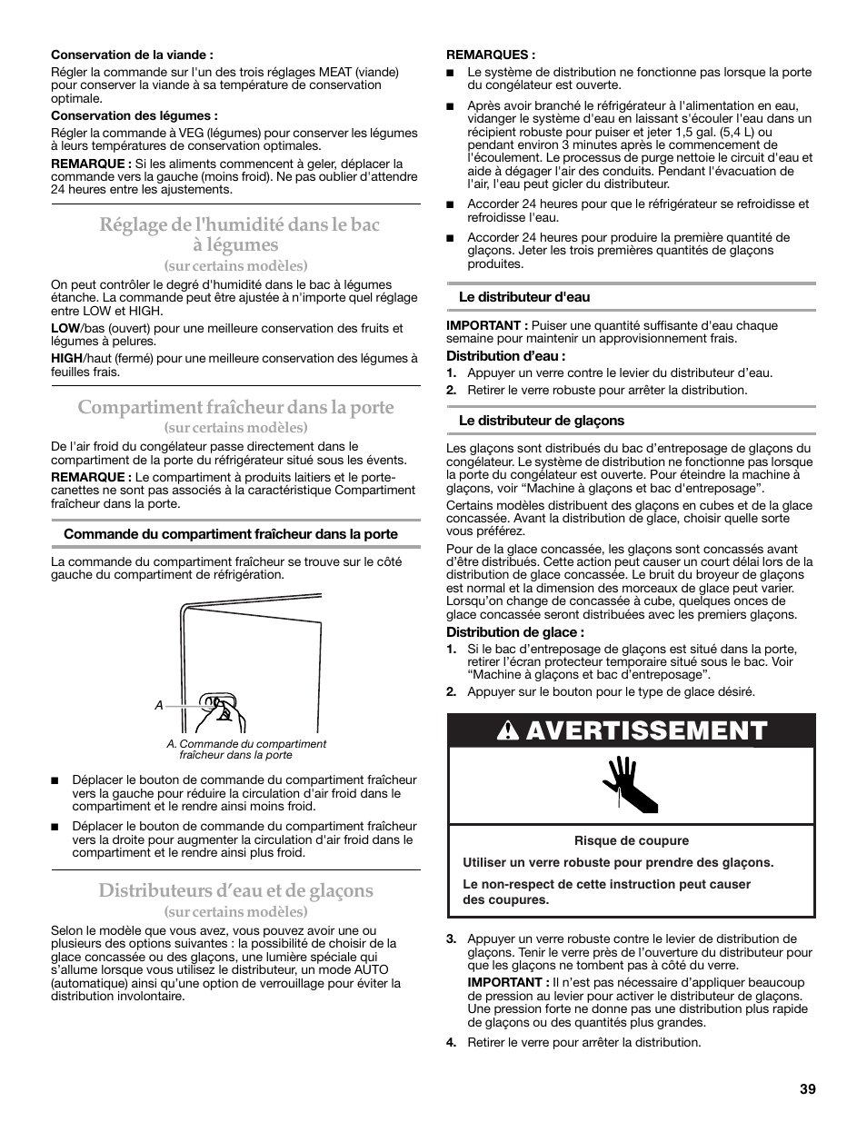 Avertissement, Réglage de l'humidité dans le bac à légumes, Compartiment fraîcheur dans la porte | Distributeurs d’eau et de glaçons | KITCHENAID 2315184A User Manual | Page 39 / 48