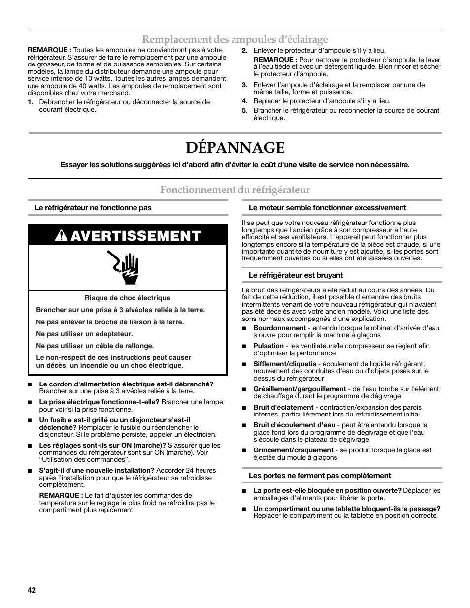 Dépannage, Avertissement, Remplacement des ampoules d’éclairage | Fonctionnement du réfrigérateur | KITCHENAID 2315184A User Manual | Page 42 / 48