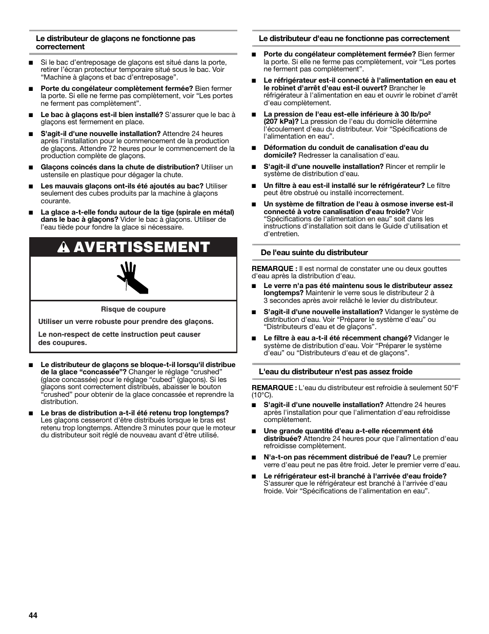 Avertissement | KITCHENAID 2315184A User Manual | Page 44 / 48