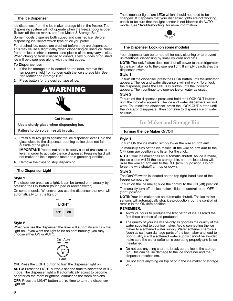 Warning, Ice maker and storage bin | KITCHENAID 2315184A User Manual | Page 8 / 48