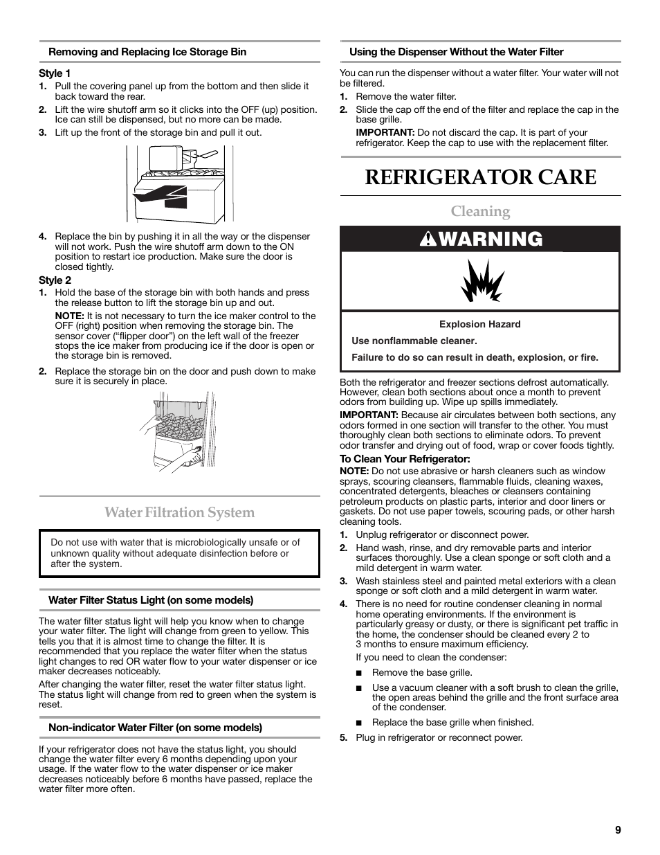 Refrigerator care, Warning, Water filtration system | Cleaning | KITCHENAID 2315184A User Manual | Page 9 / 48