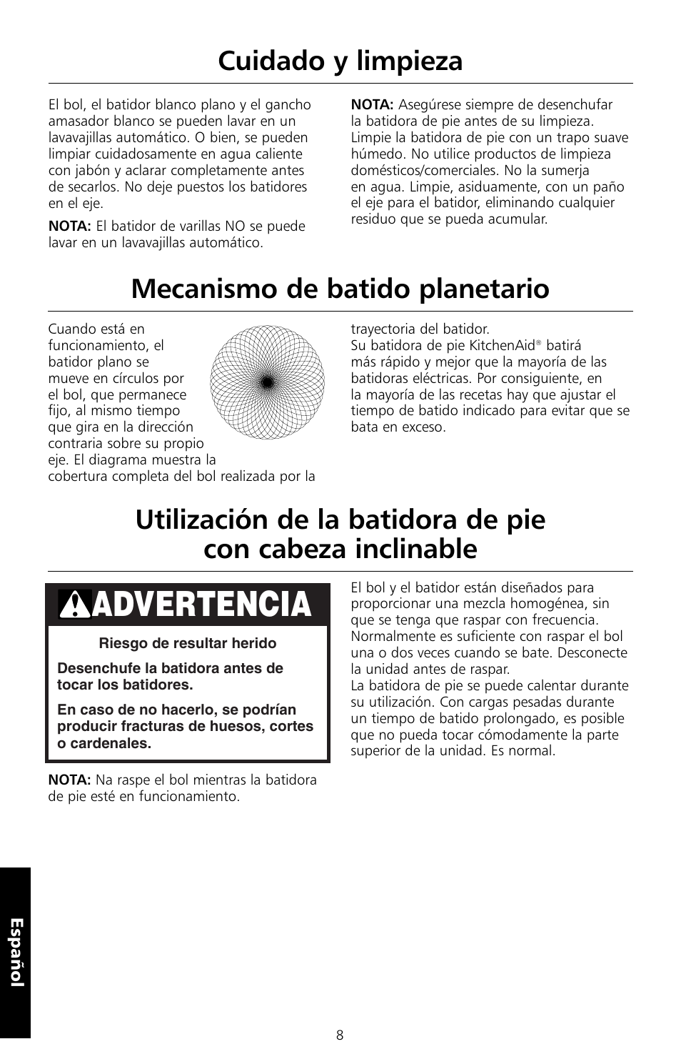 Advertencia, Cuidado y limpieza | KITCHENAID 5KSM150PS User Manual | Page 101 / 236