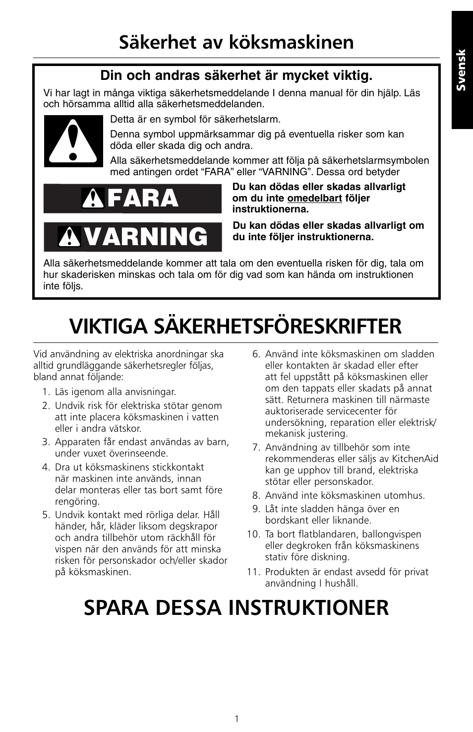 Fara varning, Viktiga säkerhetsföreskrifter, Spara dessa instruktioner | Säkerhet av köksmaskinen | KITCHENAID 5KSM150PS User Manual | Page 112 / 236