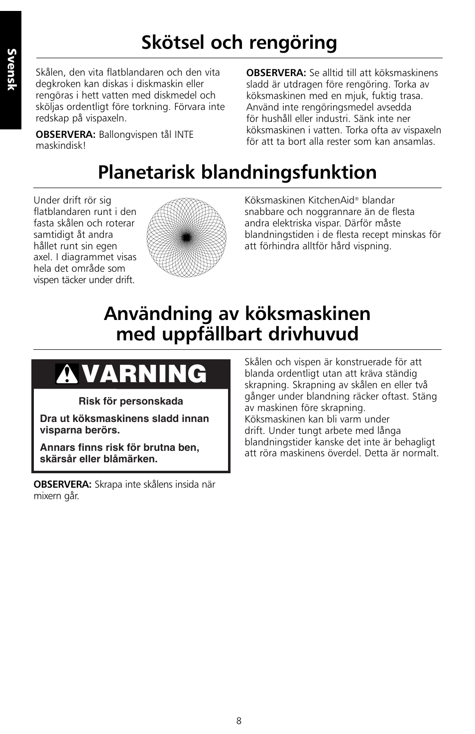 Varning, Skötsel och rengöring | KITCHENAID 5KSM150PS User Manual | Page 119 / 236