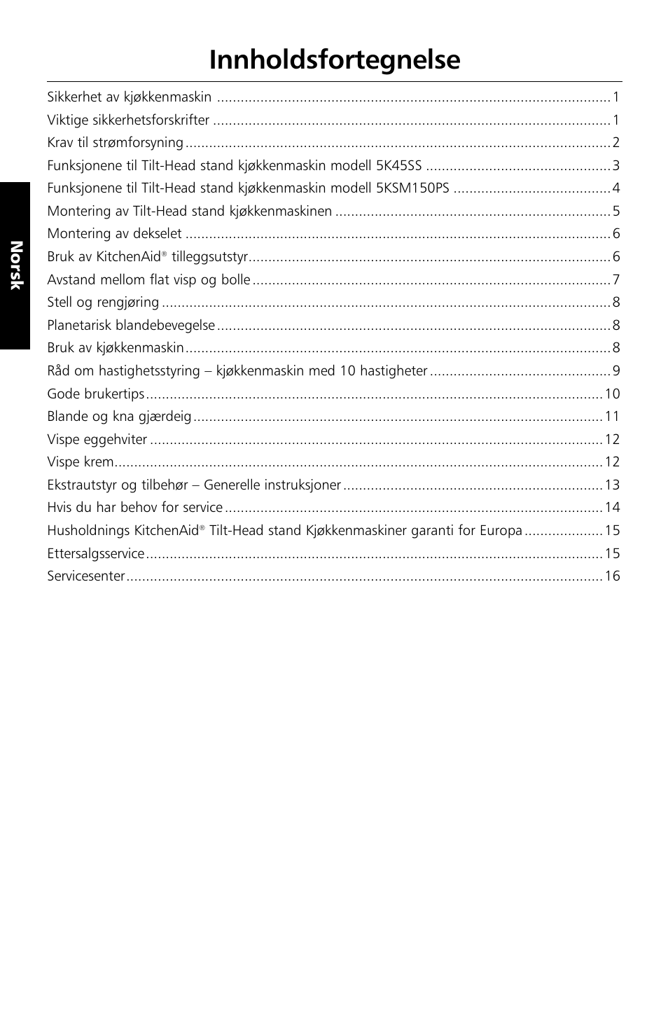 Innholdsfortegnelse, Norsk | KITCHENAID 5KSM150PS User Manual | Page 129 / 236