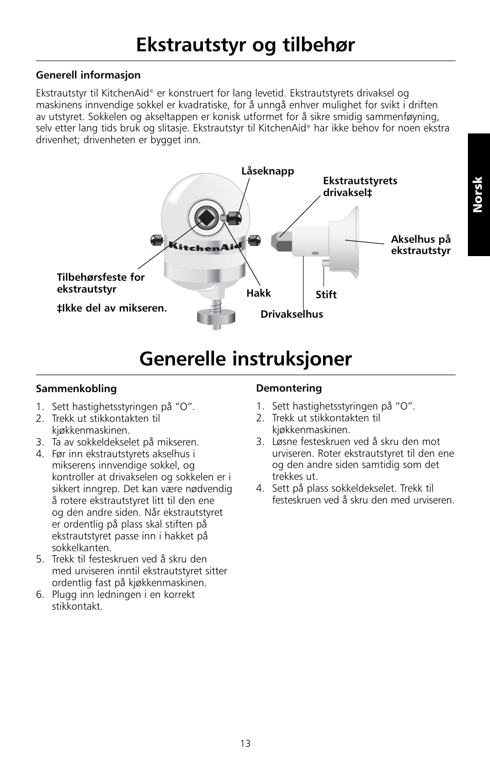 Ekstrautstyr og tilbehør, Generelle instruksjoner, Norsk | KITCHENAID 5KSM150PS User Manual | Page 142 / 236