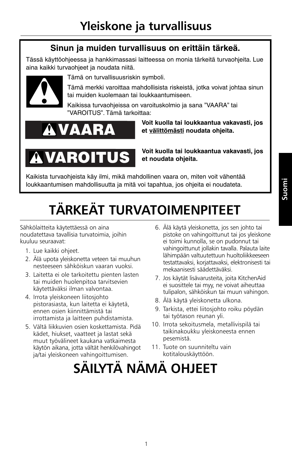 Vaara varoitus, Tärkeät turvatoimenpiteet, Säilytä nämä ohjeet | Yleiskone ja turvallisuus | KITCHENAID 5KSM150PS User Manual | Page 148 / 236