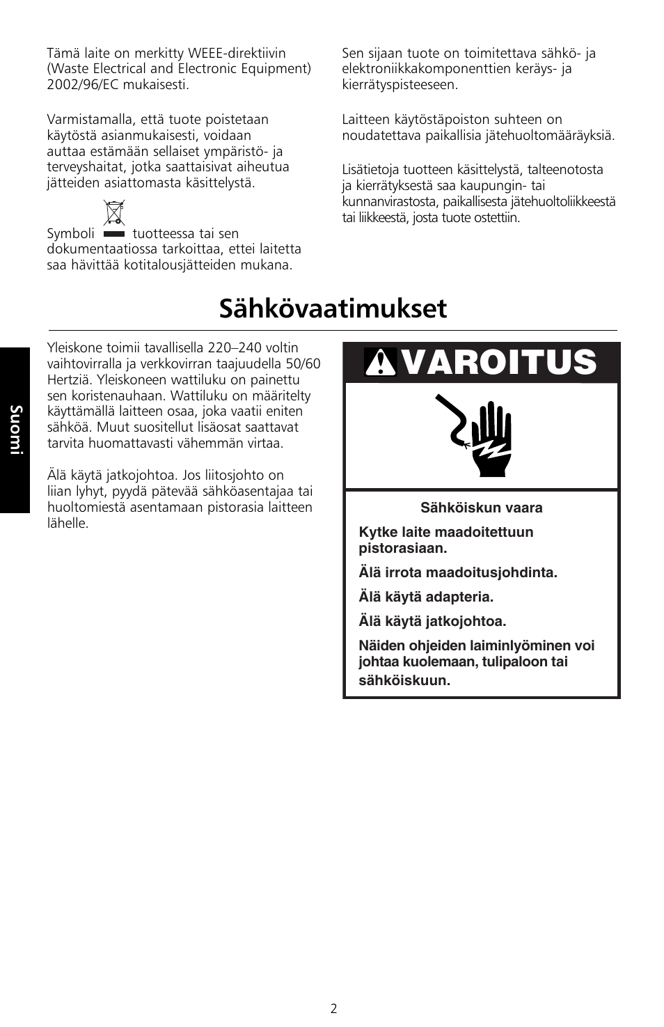 Varoitus, Sähkövaatimukset | KITCHENAID 5KSM150PS User Manual | Page 149 / 236