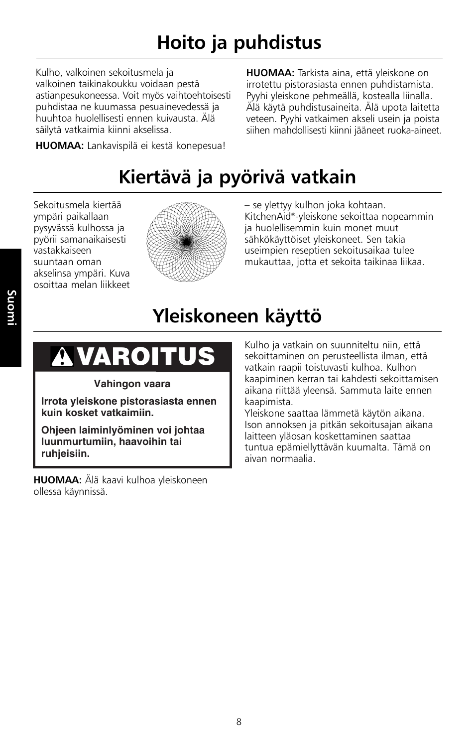 Varoitus, Hoito ja puhdistus, Kiertävä ja pyörivä vatkain yleiskoneen käyttö | KITCHENAID 5KSM150PS User Manual | Page 155 / 236