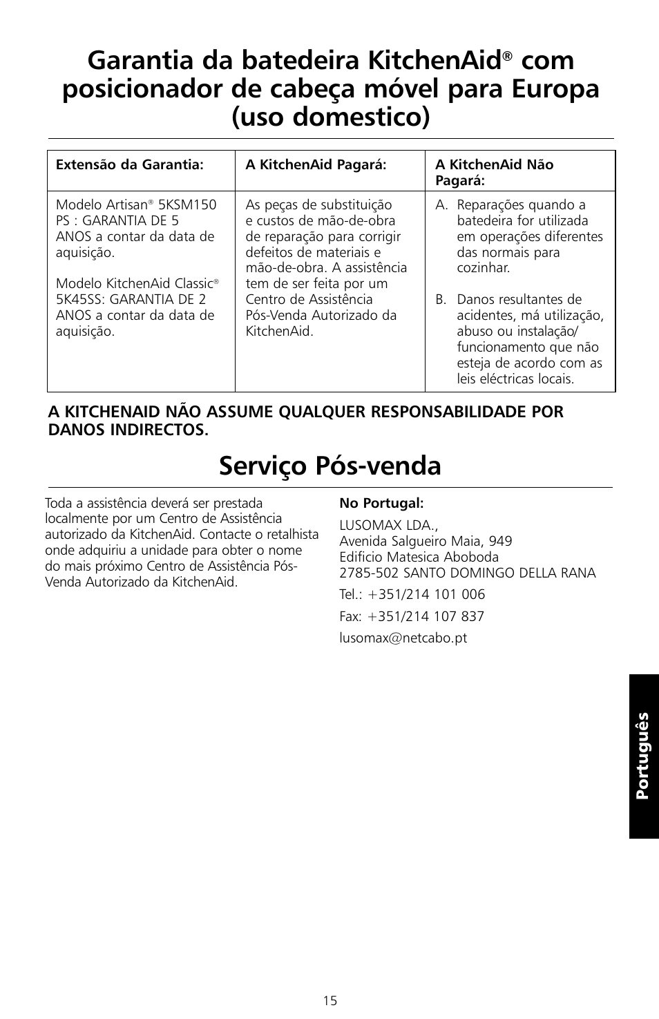 Garantia da batedeira kitchenaid | KITCHENAID 5KSM150PS User Manual | Page 198 / 236