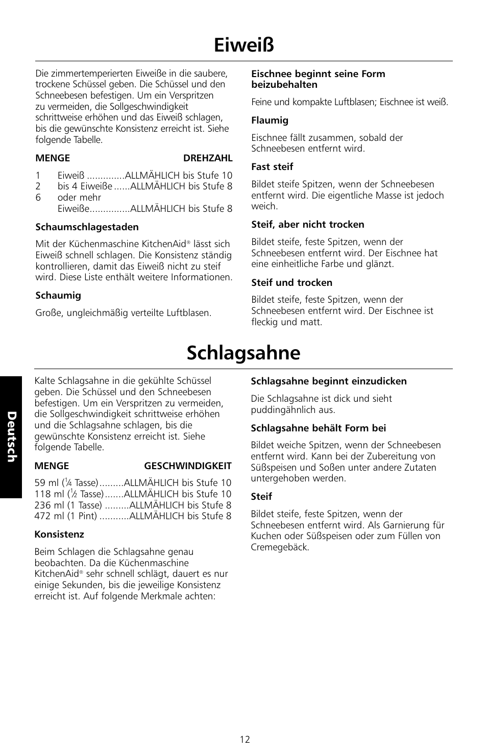 Eiweiß, Schlagsahne, Deutsch | KITCHENAID 5KSM150PS User Manual | Page 69 / 236