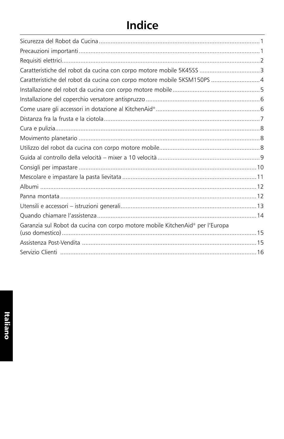 Indice, Italiano | KITCHENAID 5KSM150PS User Manual | Page 75 / 236