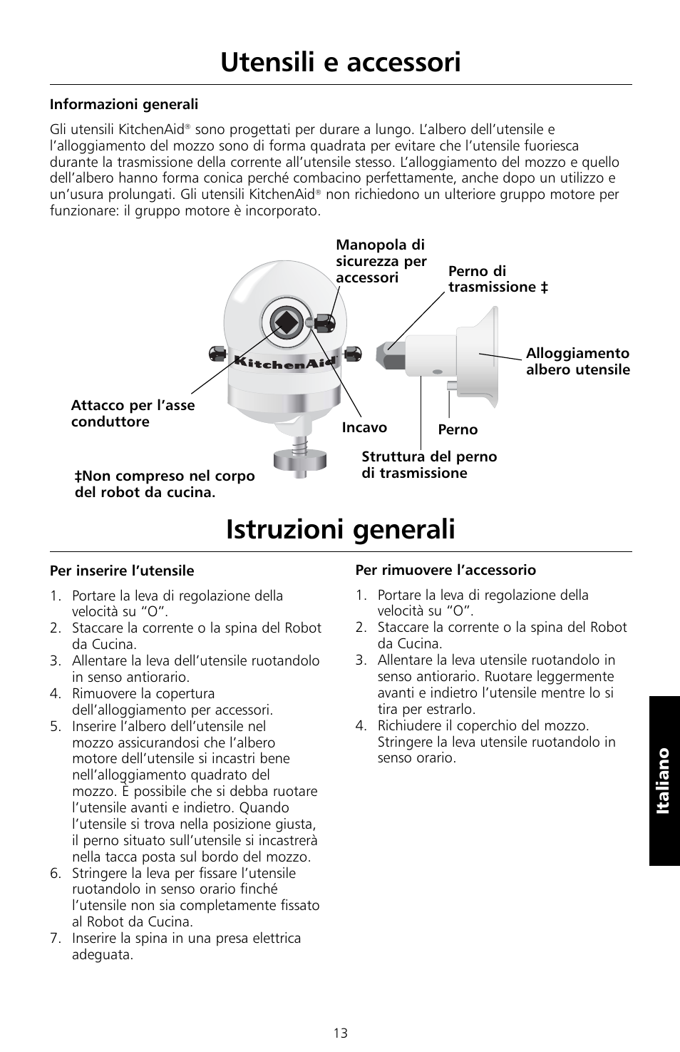 Utensili e accessori, Istruzioni generali, Italiano | KITCHENAID 5KSM150PS User Manual | Page 88 / 236