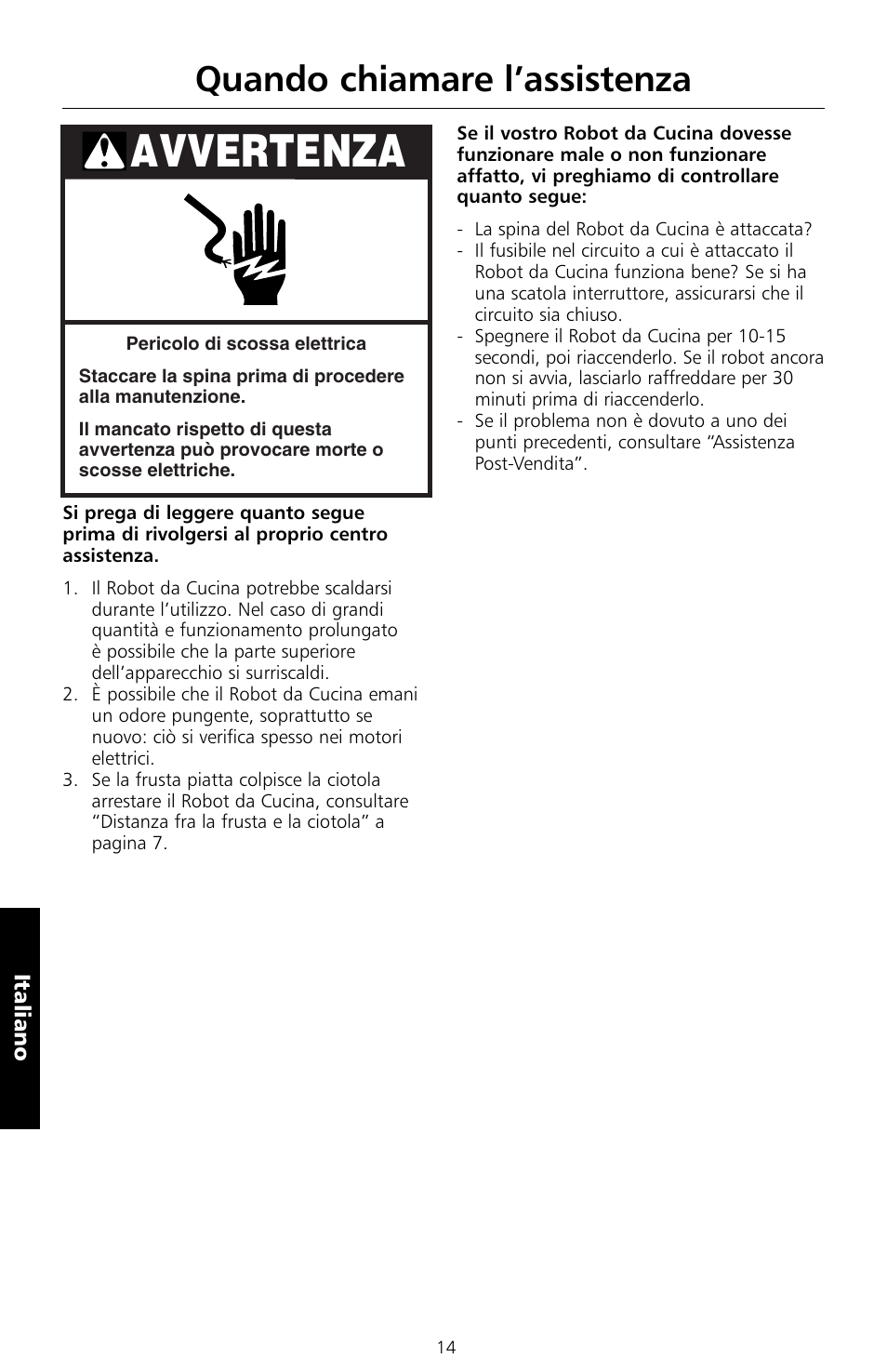 Avvertenza, Quando chiamare l’assistenza | KITCHENAID 5KSM150PS User Manual | Page 89 / 236