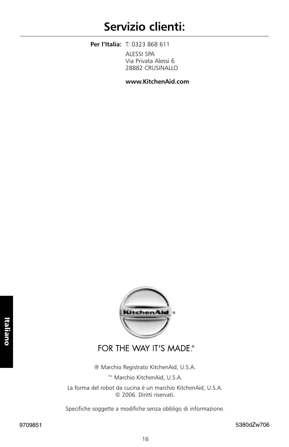 Servizio clienti | KITCHENAID 5KSM150PS User Manual | Page 91 / 236