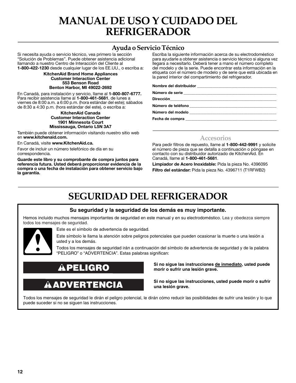 Manual de uso y cuidado del refrigerador, Seguridad del refrigerador, Advertencia peligro | Ayuda o servicio técnico, Accesorios | KITCHENAID COUNTER DEPTH SIDE BY SIDE REFRIGERATOR User Manual | Page 12 / 32