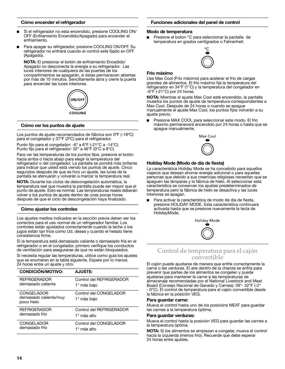 Control de temperatura para el cajón convertible | KITCHENAID COUNTER DEPTH SIDE BY SIDE REFRIGERATOR User Manual | Page 14 / 32