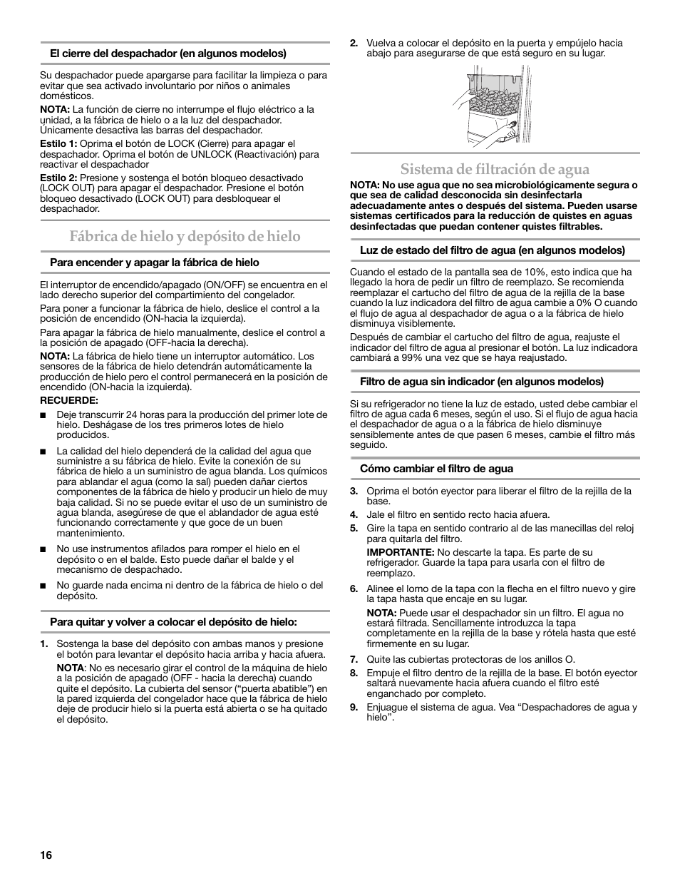 Fábrica de hielo y depósito de hielo, Sistema de filtración de agua | KITCHENAID COUNTER DEPTH SIDE BY SIDE REFRIGERATOR User Manual | Page 16 / 32