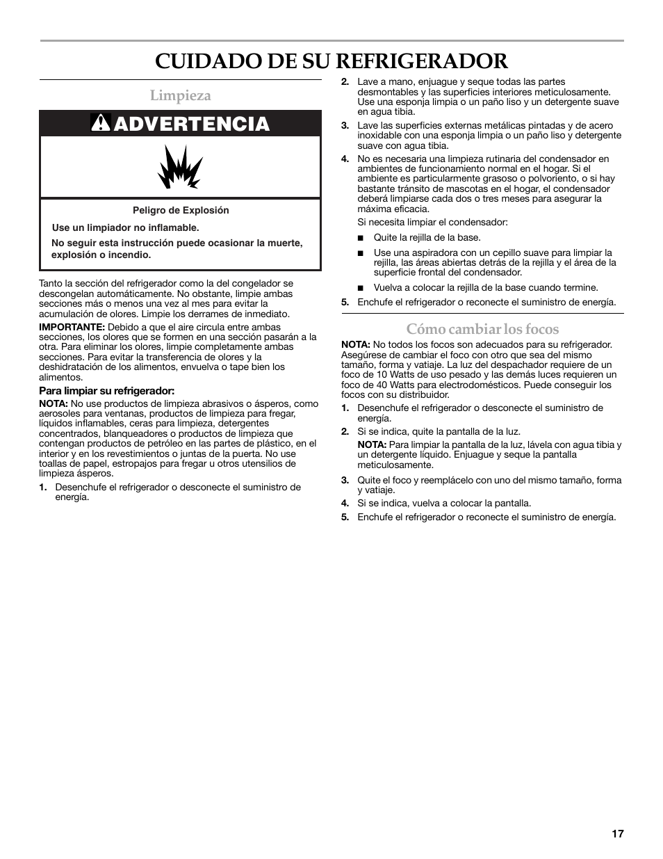 Cuidado de su refrigerador, Advertencia, Limpieza | Cómo cambiar los focos | KITCHENAID COUNTER DEPTH SIDE BY SIDE REFRIGERATOR User Manual | Page 17 / 32