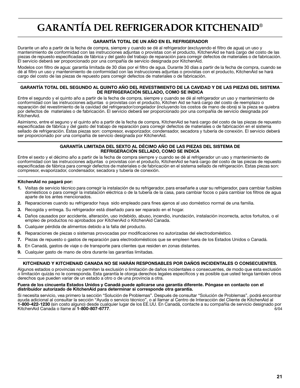 Garantía del refrigerador kitchenaid | KITCHENAID COUNTER DEPTH SIDE BY SIDE REFRIGERATOR User Manual | Page 21 / 32