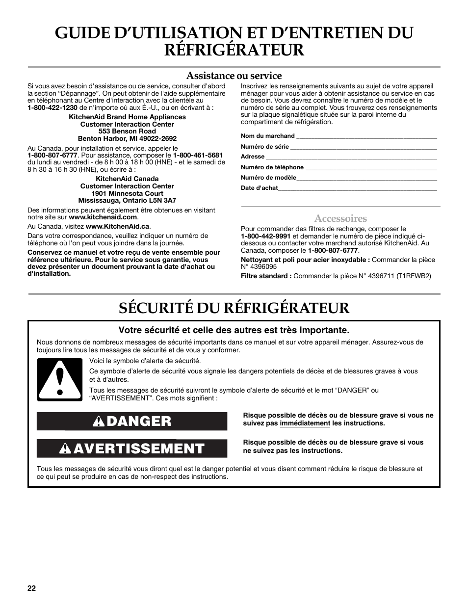 Sécurité du réfrigérateur, Avertissement danger, Assistance ou service | Accessoires | KITCHENAID COUNTER DEPTH SIDE BY SIDE REFRIGERATOR User Manual | Page 22 / 32