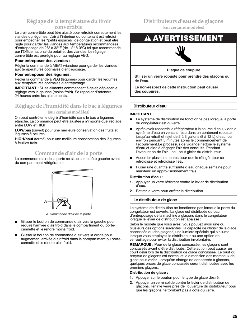 Avertissement, Réglage de la température du tiroir convertible, Réglage de l'humidité dans le bac à légumes | Commande d'air de la porte, Distributeurs d'eau et de glaçons | KITCHENAID COUNTER DEPTH SIDE BY SIDE REFRIGERATOR User Manual | Page 25 / 32