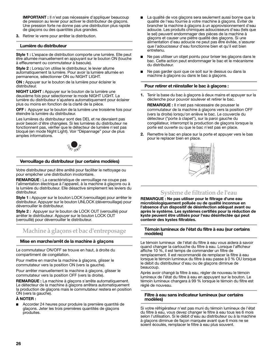 Machine à glaçons et bac d'entreposage, Système de filtration de l'eau | KITCHENAID COUNTER DEPTH SIDE BY SIDE REFRIGERATOR User Manual | Page 26 / 32