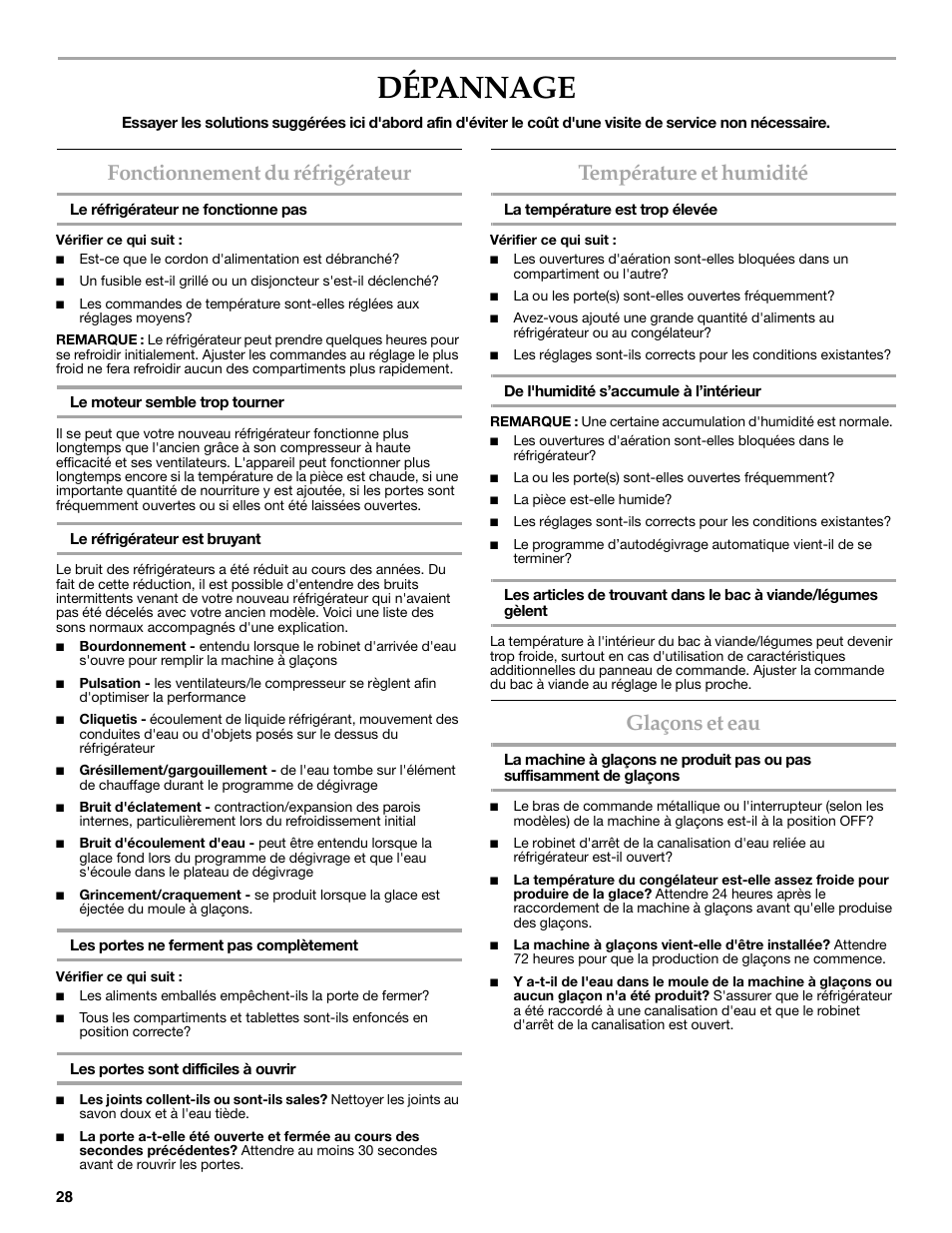 Dépannage, Fonctionnement du réfrigérateur, Température et humidité | Glaçons et eau | KITCHENAID COUNTER DEPTH SIDE BY SIDE REFRIGERATOR User Manual | Page 28 / 32