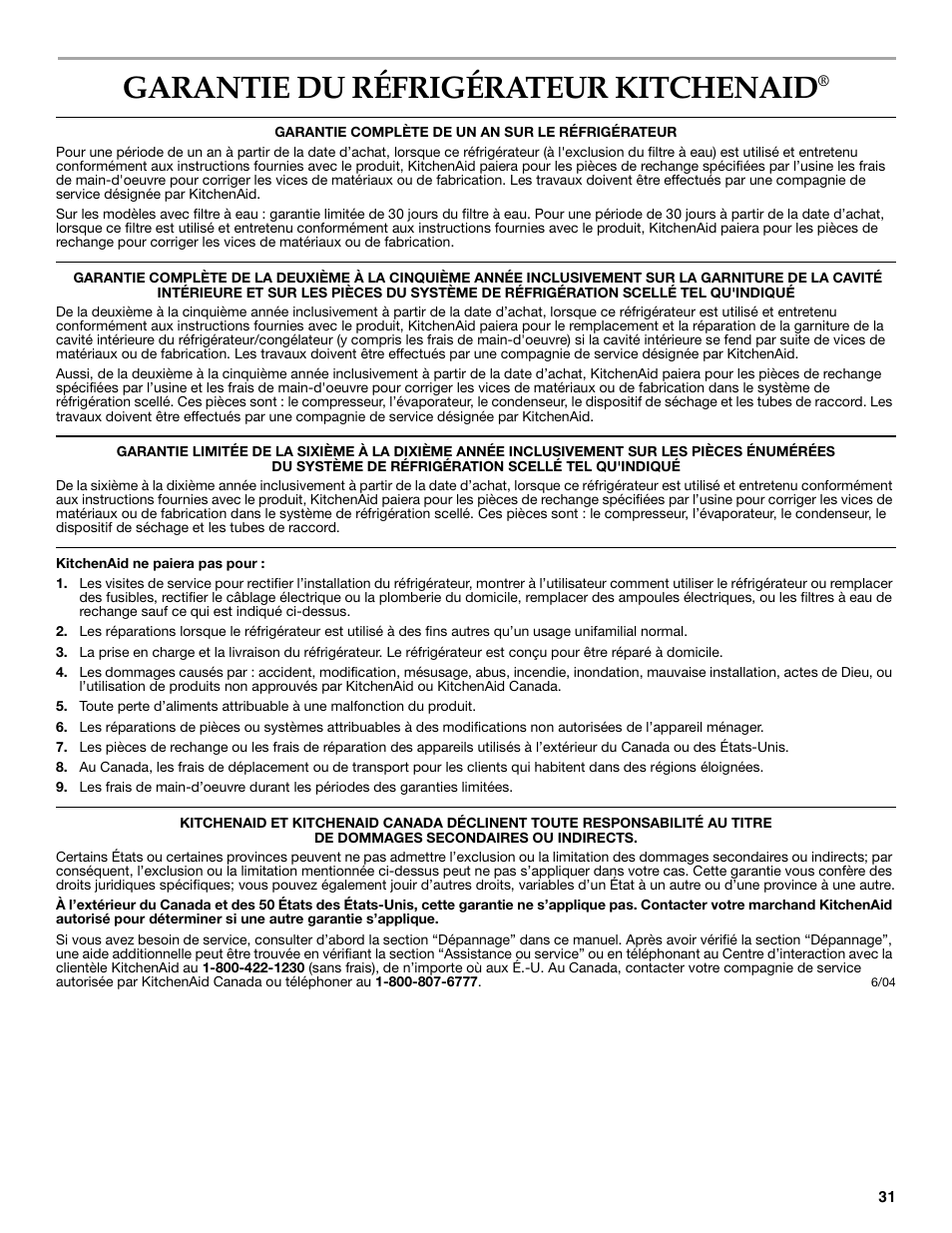 Garantie du réfrigérateur kitchenaid | KITCHENAID COUNTER DEPTH SIDE BY SIDE REFRIGERATOR User Manual | Page 31 / 32