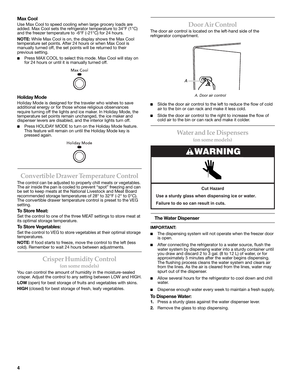 Warning, Convertible drawer temperature control, Crisper humidity control | Door air control, Water and ice dispensers | KITCHENAID COUNTER DEPTH SIDE BY SIDE REFRIGERATOR User Manual | Page 4 / 32