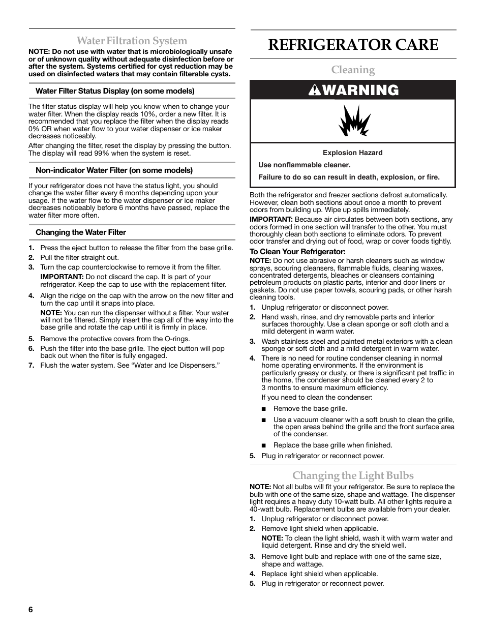 Refrigerator care, Warning, Water filtration system | Cleaning, Changing the light bulbs | KITCHENAID COUNTER DEPTH SIDE BY SIDE REFRIGERATOR User Manual | Page 6 / 32