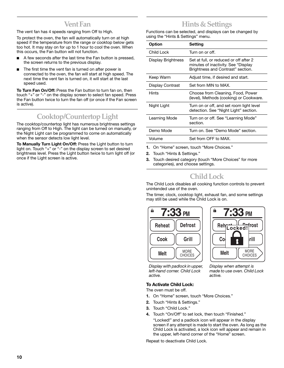 Vent fan, Cooktop/countertop light, Hints & settings | Child lock | KITCHENAID KHHS179L User Manual | Page 10 / 24