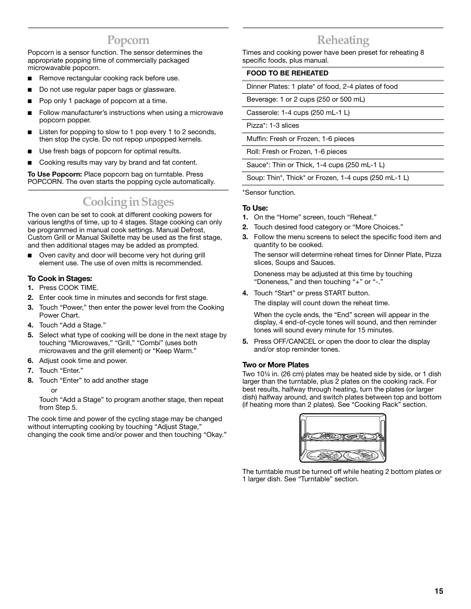 Popcorn, Cooking in stages, Reheating | KITCHENAID KHHS179L User Manual | Page 15 / 24