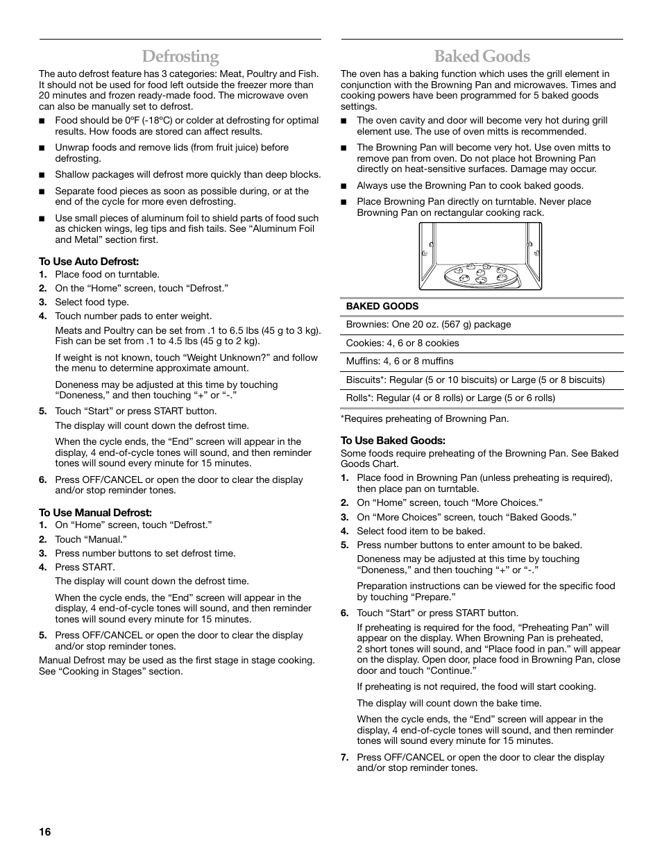 Defrosting, Baked goods | KITCHENAID KHHS179L User Manual | Page 16 / 24