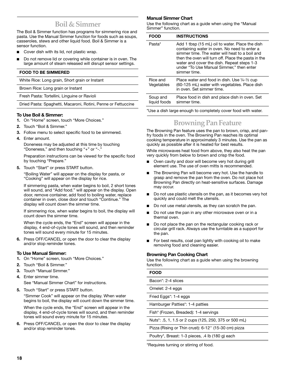 Boil & simmer, Browning pan feature | KITCHENAID KHHS179L User Manual | Page 18 / 24