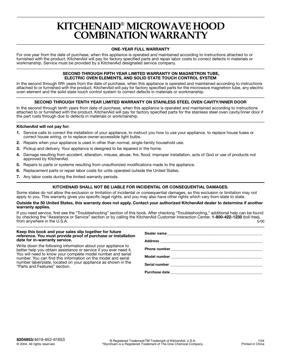Kitchenaid, Microwave hood combination warranty | KITCHENAID KHHS179L User Manual | Page 24 / 24