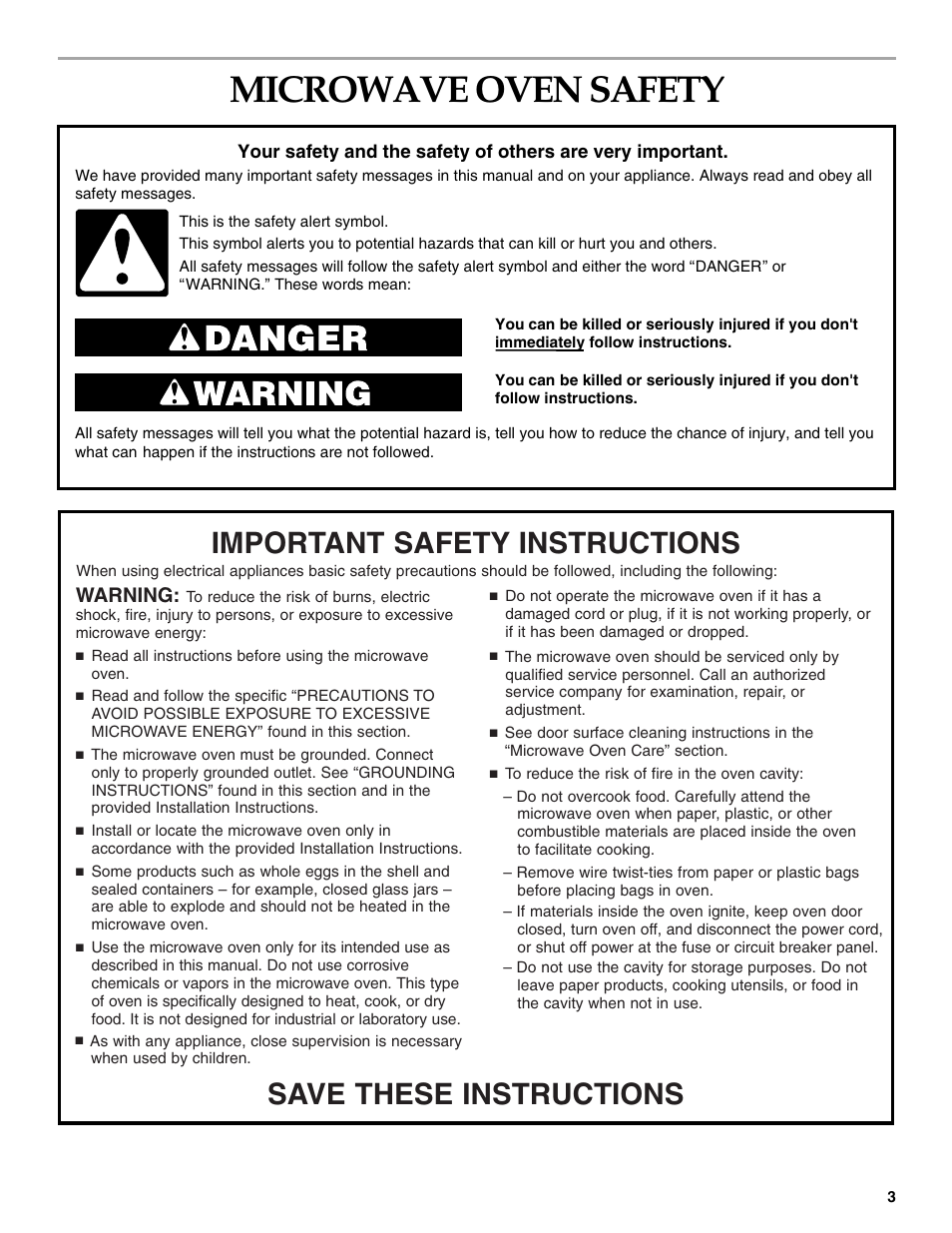 Microwave oven safety, Save these instructions, Important safety instructions | Warning | KITCHENAID KHHS179L User Manual | Page 3 / 24