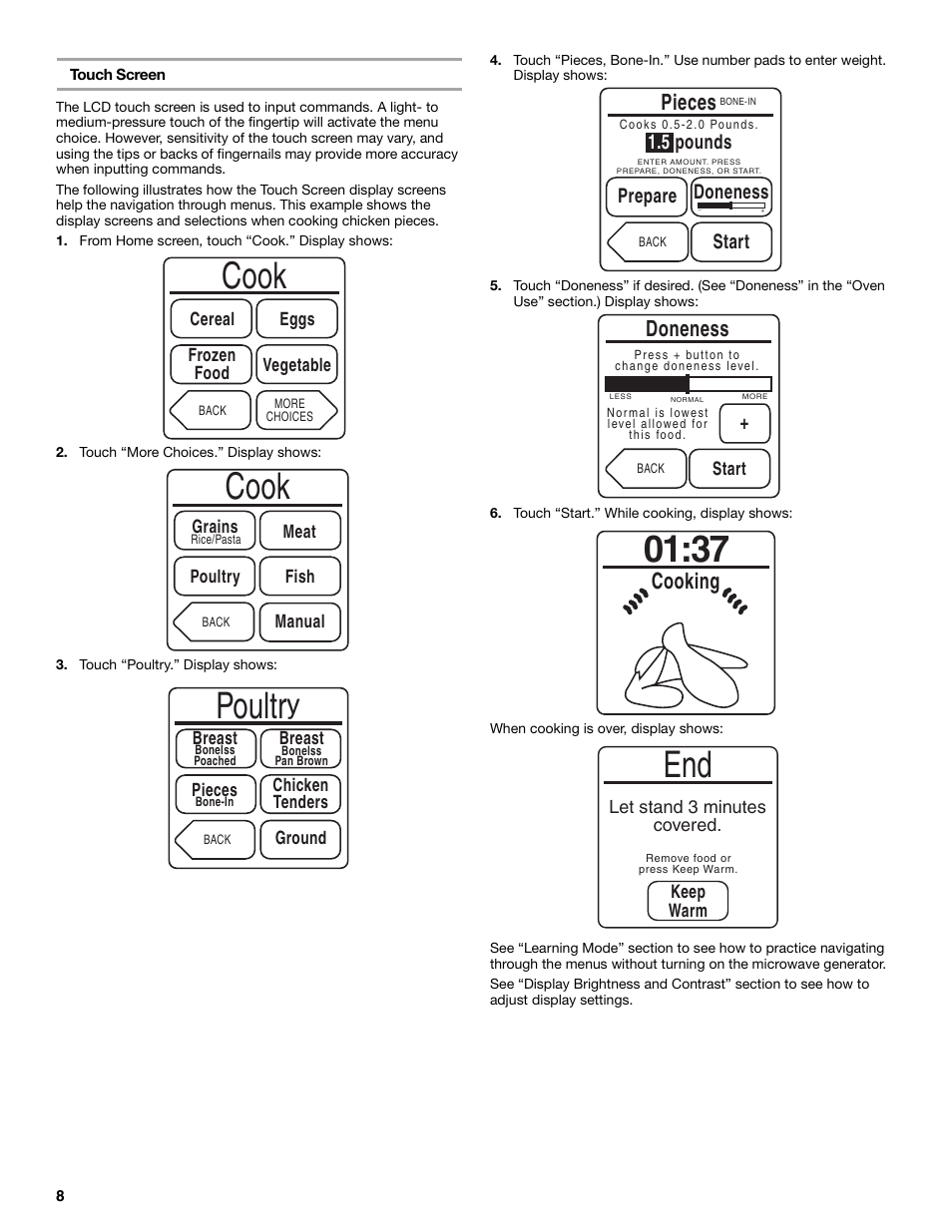 Cook, Poultr, Pieces | Doneness, Cooking, Start, 5 pounds doneness prepare | KITCHENAID KHHS179L User Manual | Page 8 / 24