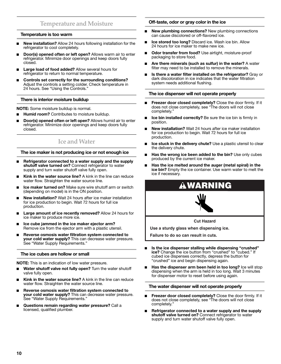 Warning, Temperature and moisture, Ice and water | KITCHENAID W10162467A User Manual | Page 10 / 47