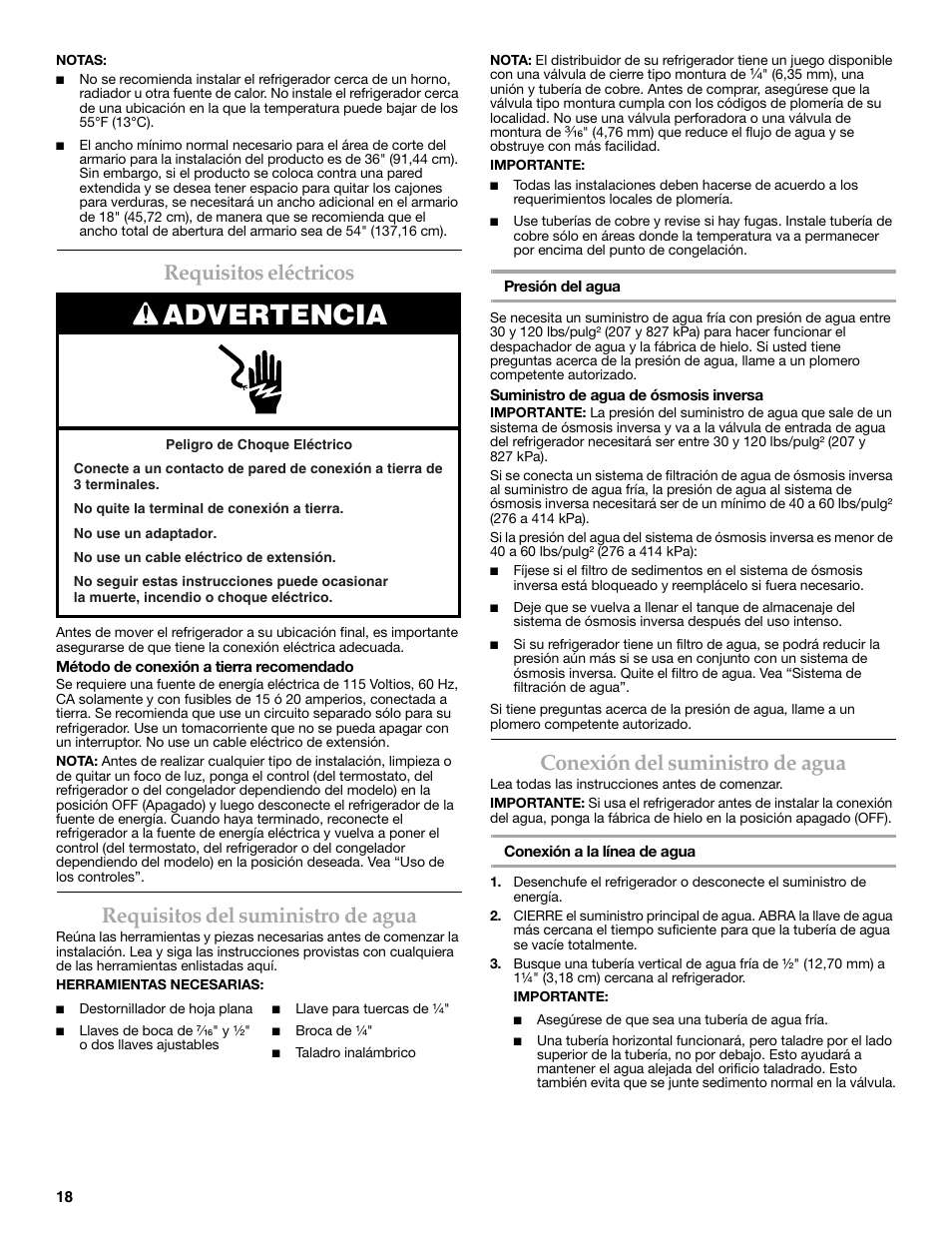 Advertencia, Requisitos eléctricos, Requisitos del suministro de agua | Conexión del suministro de agua | KITCHENAID W10162467A User Manual | Page 18 / 47