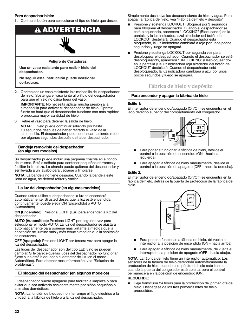 Advertencia, Fábrica de hielo y depósito | KITCHENAID W10162467A User Manual | Page 22 / 47